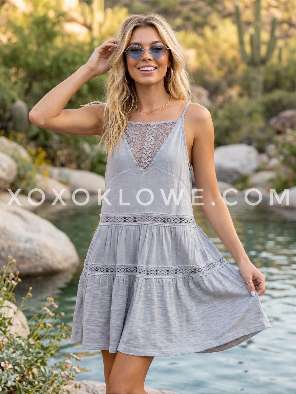 POL Gray Lace Trim Tiered Swing Dress | Sleeveless Cover Up Mini